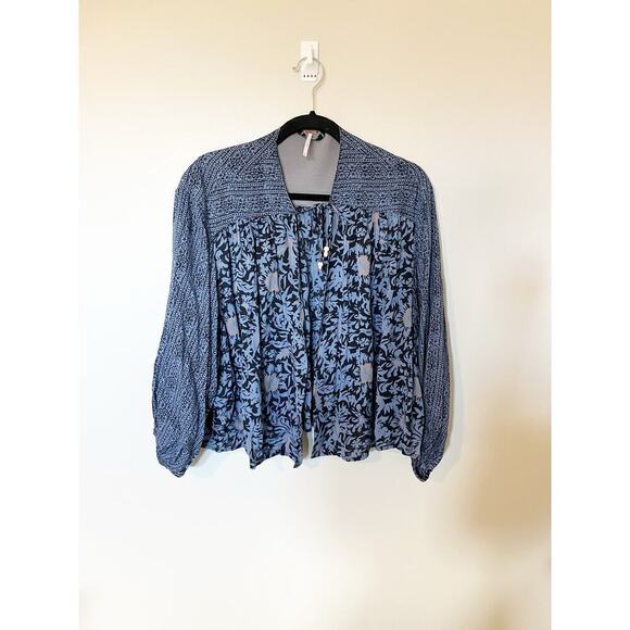Free people blue mixed print paisley balloon sleeve open cardigan small - Picture 1 of 13